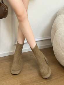 Botas de tobillo con plataforma y punta redonda para mujer, botas de tobillo con tacón grueso y cremallera para otoño/invierno - Caqui - Ver 6