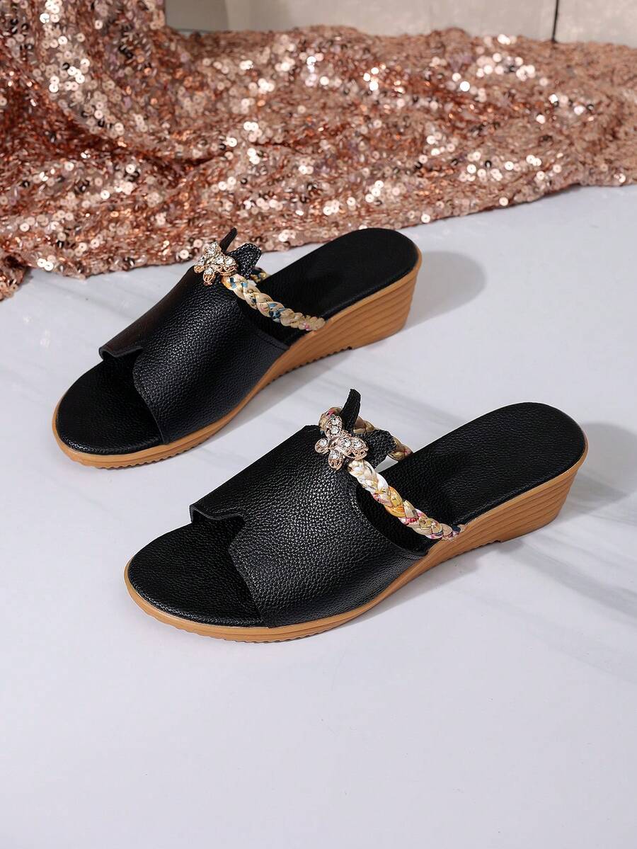 New Summer Fashion Versatile Women's Wedge Heel Sandals, Suitable For Home And Outdoor Wear, Anti-Slip Cowhide Sole, Thick-Soled Fashion Slippers,Mothers Day,Shoes. - Black - View 1