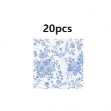 10個/20個/50個 藍色花卉波浪邊一次性紙盤 附藍色邊緣杯子與餐巾紙，藍白印花中式生日婚禮派對用品紙盤套裝，含餐巾紙與馬克杯 (藍色花卉) - 淺藍色 - 查看 12