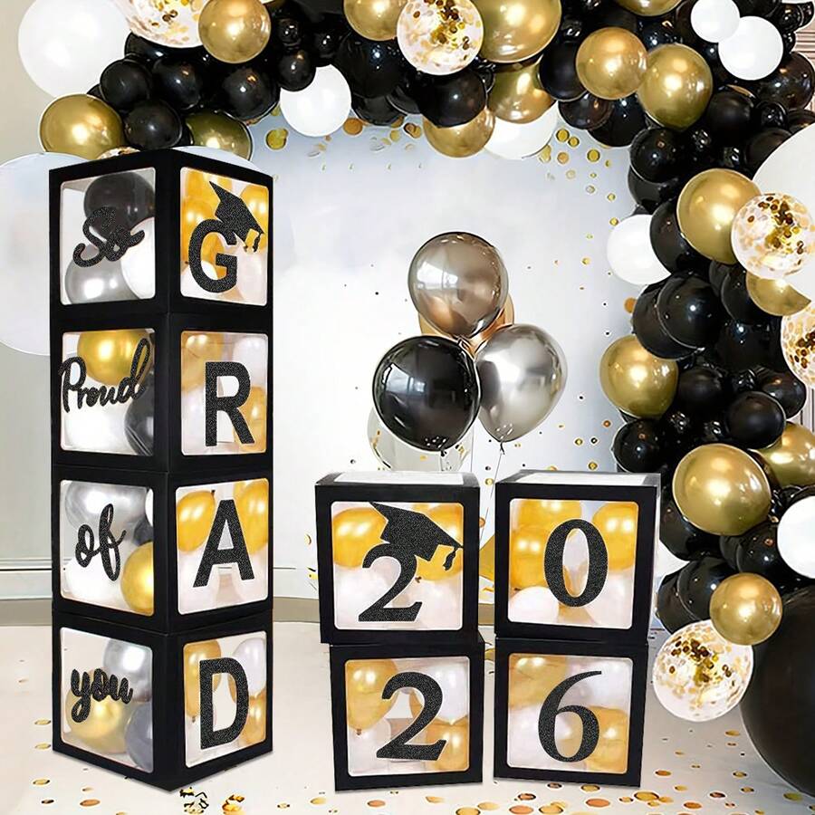 2026 Graduation Season Balloon Box Decor, 4pcs Black Graduation Party Balloons Box Printed With "GRAD", "Class Of 2026", "OF CLASS", Mini Cap Graduation Decor, Congratulations To The Class Of 2026 - Multicolor - View 1