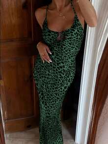 Leopard Print Hollow Lace-Up Bodycon Slip Dress Elegant Party Summer - Multicolor - View 3