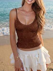 For Love & Bella 女士休闲可爱 Y2K 性感亮片针织吊带背心 V 领细肩带背心，夏季户外派对夜店约会音乐节乡村音乐会服装，红棕色，棕色 - 紅棕色 - 查看 4