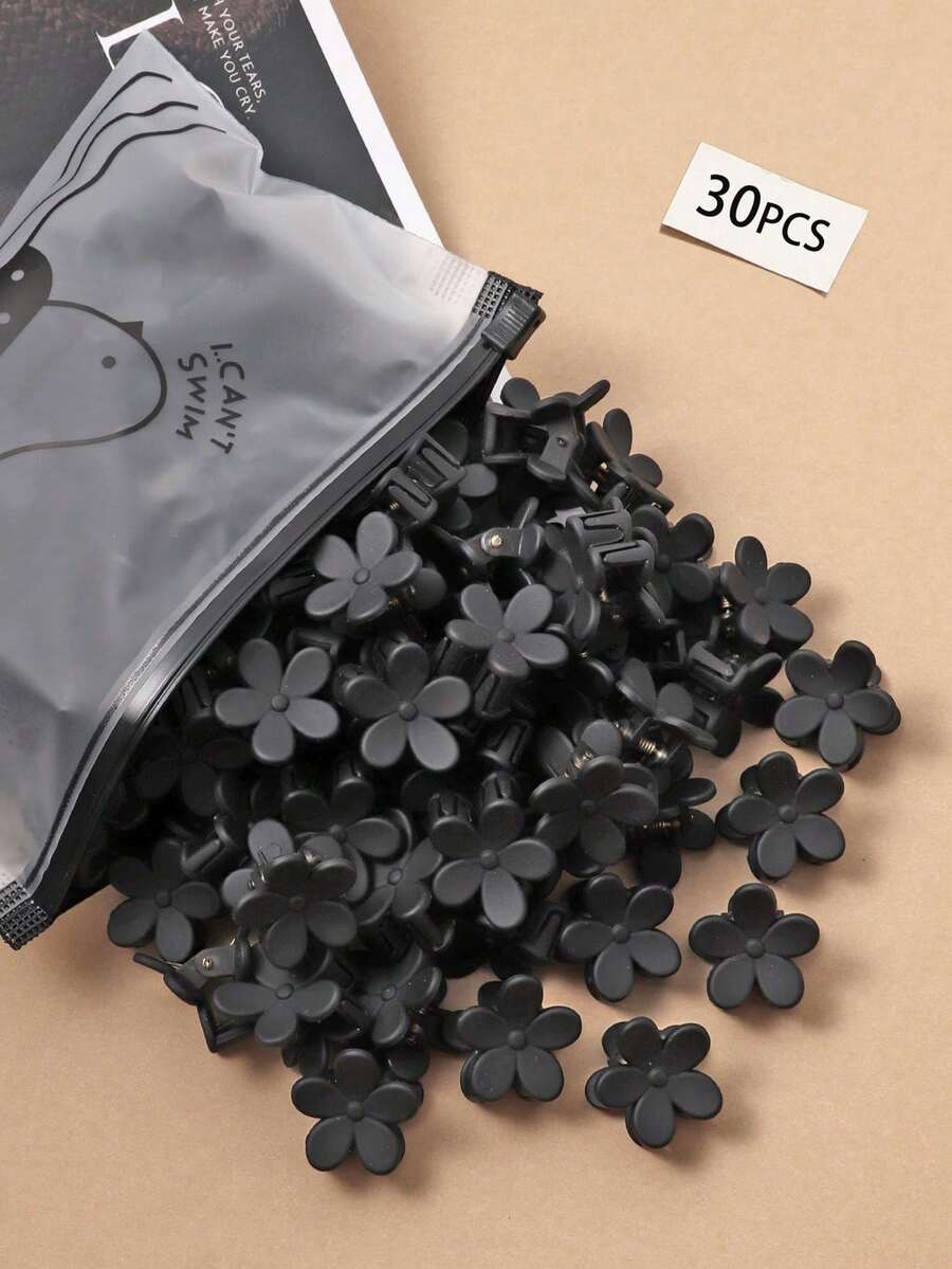 30个黑色迷你梅花小发夹，优雅刘海夹，时尚小发夹，公主发卡，可爱发夹，夏季发饰，沙滩抓夹，度假发夹 - 黑色 - 查看 1