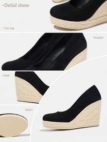 Women's Platform Wedge Shoes, Black Faux Suede Round Toe Woven Wedge Slip-On Pumps - Black - View 5