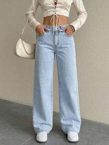 UMINOW 女士休闲水洗直筒牛仔裤，带蝴蝶结口袋，长款无弹力款式 - 藍色 - 查看 4