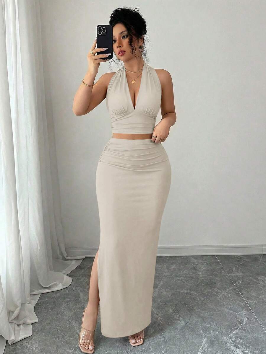 abyoxi Deep V-Neck Backless Tie Crop Top And Pleated Side Slit Maxi Skirt, Fashionable 2-Piece Set Summer Elegant - Gray Apricot - View 1