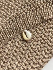 女士性感露脐吊带背心，贝壳设计，露背针织吊带衫搭配同款贝壳设计休闲短裤两件套，度假必备 - 卡其色 - 查看 11