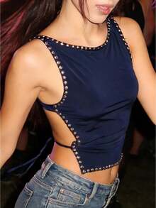 Women's Studded Tank Tops  Sleeveless Open Back Solid Color Tops Slim Fit Shirts - 藏青色 - 查看 7