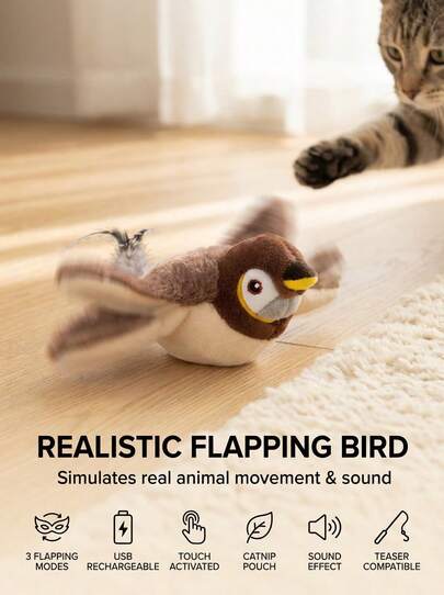 PETSIN USB Rechargeable Flapping Bird Cat Toy (Non-Flying), Touch Activated Interactive Cat Exercise Toy Suitable For Cats, Small Dogs And Other Pets, Realistic Bird Design