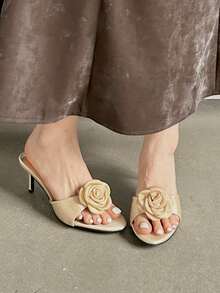 Pink Rose Pointed Satin Flower Mule High Heel Sandals For Women, Summer - Apricot - View 4