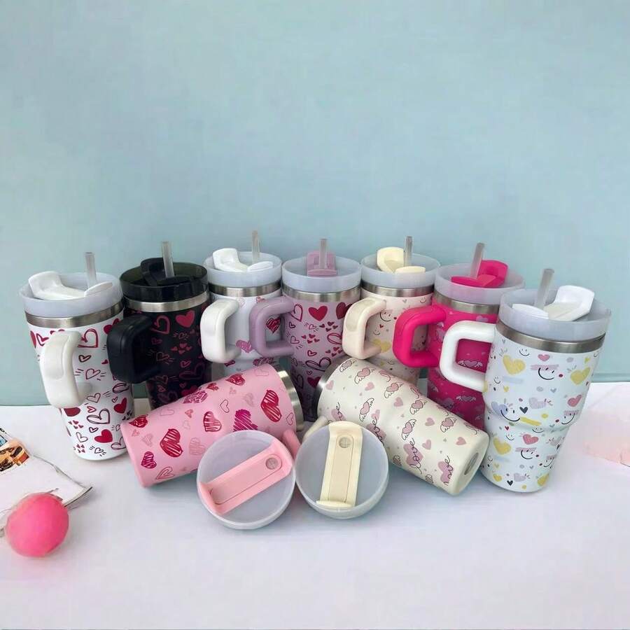 600ml Thermal Mug With Handle, Lid And Straw – Flower Print 1866-600ml - 隨機的 - 查看 1