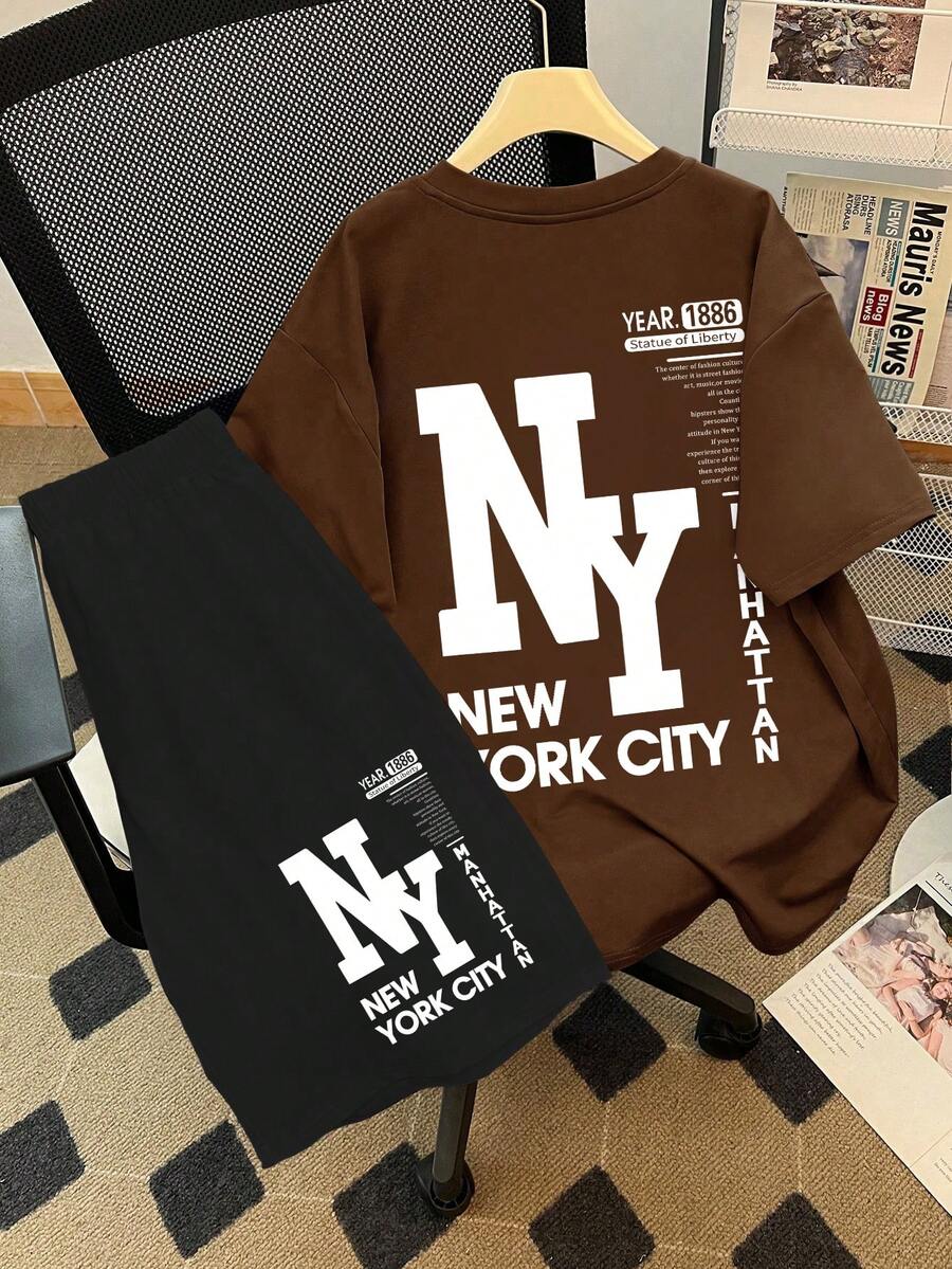 2pcs/Set Casual Outfit For Teenage Boys, City Graphic T-Shirt And Shorts, Suitable For Sports And Summer - Brown - View 1
