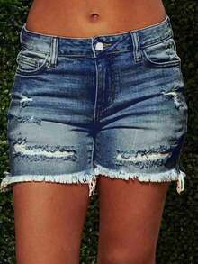 Women's Fashionable Distressed Frayed Hem Elastic Denim Shorts, Summer Casual Vacation - Dark Blue - 查看 2