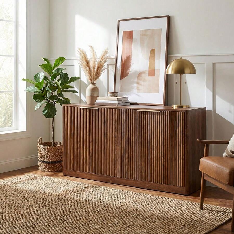 Large Capacity Fluted Sideboard Buffet, Engineered Wood Storage Cabinet With Gold Metal Handles, 4-Compartment Organizer For Dining Room Living Room Small Apartment, Easy Assembly Mid-Century Style - 核桃 - 查看 1
