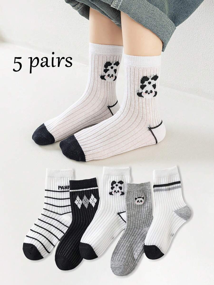 5双装儿童夏季薄网眼袜，黑白条纹熊猫图案，适合2-16岁男孩女孩 - 彩色 - 查看 1