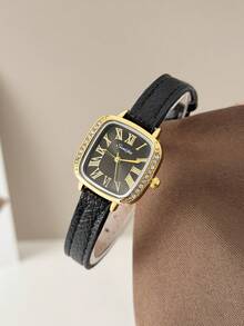 1 Peça Relógio Feminino Vintage Minimalista Casual Elegante com Pulseira de Couro PU e Caixa Oval, Mostrador Pequeno e Delicado Incrustado com Strass, Adequado para Uso Diário, Presente de Aniversário, Festa, Presente Ideal para Você ou Amigos, Sem Caixa de Relógio Incluída - Preto - Visão 3