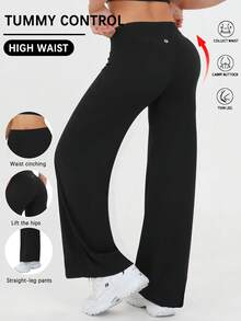 Women's Casual Sports Pants - High Waist Loose Casual Pants - Comfortable And Elastic Loose Pants Made Of Elastic Material - Straight Leg Pants With Hem For Spring And Summer Yoga Pants, Women's High Waist Elastic Casual Soft Straight Leg Pants - 黑色 - 查看 3