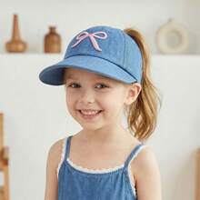 1pc Girls' Blue Embroidered Bow Baseball Cap, Ponytail Hole, Breathable UV Protection, Adjustable Children Sun Hat - 1PC - View 8