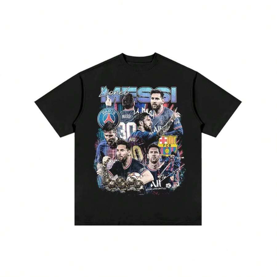 Messis Career Collage Graphic T-Shirt  Barcelona & PSG Soccer Star Fan Top. - 黑色 - 查看 1