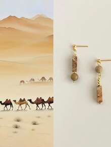 1 Pair Of New Chinese Style Natural Stone Asymmetrical Geometric Earrings, Original Bohemian Style, A Niche Daily Wear Necessity - Thousands Of Miles Of Flat Sand - View 1