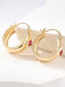 Pendientes de aro de zirconia sintética de color cobre-rojo vintage, diseño de aro único, elegante joyería de tono dorado - Multicolor - Ver 4