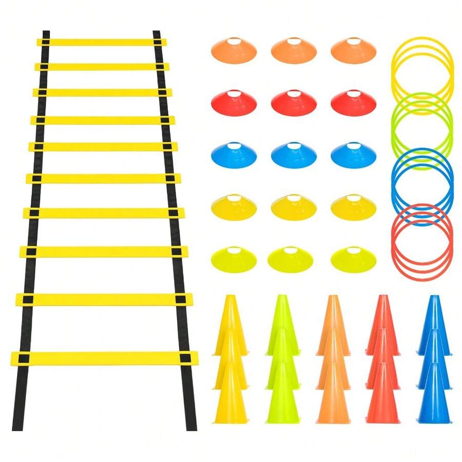 Professional Agility Speed Ladder & Cones Set Complete Football Training Kit With Hurdles, Marker Cones, Rings, And Parachute For Sports Drills - Set 1 (1 Agility Ladder Plate + 15 - View 1