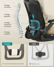SONGMICS Silla de Oficina de Malla, Silla Ergonómica Giratoria con Soporte Lumbar, Reposacabezas, Apoyabrazos Abatibles, Negro - Negro - Ver 4
