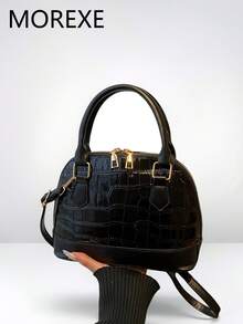 Minimalist Crocodile Embossed Women's Handbag, Shell Shaped Tote Bag, Fashion Shoulder Bag For Commuting & Versatile Wear - Black - View 1