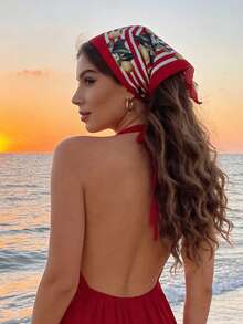 1pc Spring/Summer Versatile Scarf, Boho Fresh Lemon Print Striped Neckerchief - Multicolor - View 1