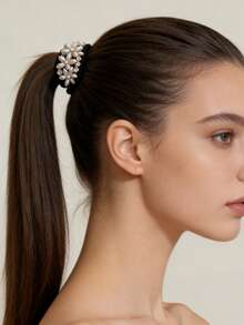 1个优雅珍珠花朵发圈，高品质水钻发绳，弹性材质，日常使用 - 彩色 - 查看 2