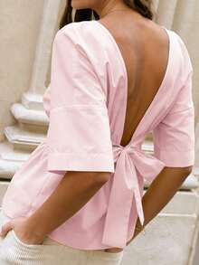 Look Polly 女士 Y2K 休闲度假蝴蝶结露背半袖上衣，春夏款 - 粉色 - 查看 11