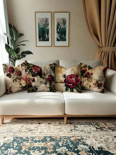 4 fundas de almohada con estampado de rosas rojas sencillas, adecuadas para cojines de diferentes habitaciones, decoración de dormitorio, decoración festiva, decoración de fiestas (sin relleno de almohada) (sin bordado) (varios tamaños) (impresión de un solo lado)