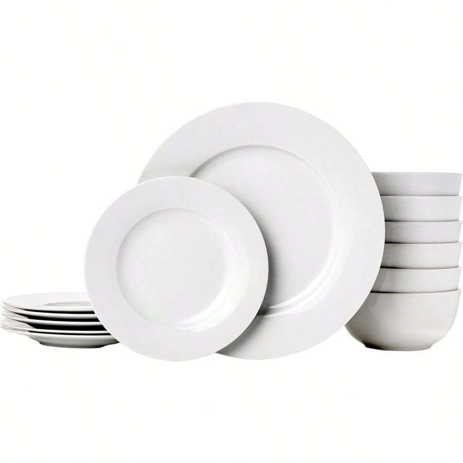 Porcelain Dinnerware Set, Microwave And Dishwasher , Service For 6, 18-Piece, Plates, Bowls, White - White - View 1