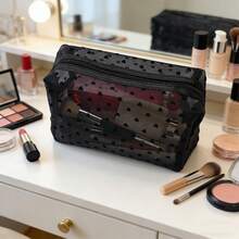 Heart-Shaped Mesh Zipper Pouch, Transparent Cosmetic Bag, Travel Skincare Storage Organizer - Black - View 1