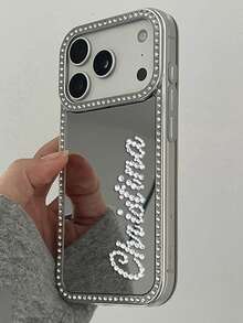 [Customized] Personalized Rhinestone Name Makeup Mirror Phone Case Compatible With IPhone 17 16 15 14 Plus 13 12 11 Pro Max 17Air, Shockproof Protective Back Cover - Silver - View 7