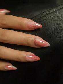 24pcs Medium Almond Shaped Nail Stickers, White French Pointed Tip, Floral Pattern, Fashionable Full Coverage, Suitable For Women & Girls Daily Wear, Summer Nail Art Nails Nail Supplies - Màu Hồng Tươi - Xem 4