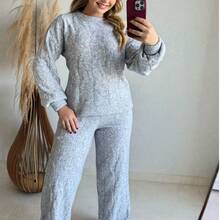 Women's Winter Mousse Knit Set - Wide-Leg Pants And Braided Blouse - 石楠灰 - 查看 4