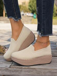 Zapatos de plataforma sin cordones para mujer, zapatos de cuña alta de unicolor, zapatos de sacudida, zapatos elevadores de suela gruesa y cómodos - zapatos casuales versátiles para todas las estaciones, uso diario de moda (disponibles en varios colores) - Albaricoque - Ver 5
