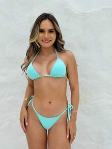 Zoe Triangle Bikini Set With Tie-Side Bottoms, Luxury Beachwear For Women, Summer, And Swimming. - 青碧色 - 查看 7