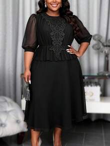 Plus Size Women's Black Pleated Chiffon Puff Sleeve Lace Decor Fitted A-Line Dress, Elegant For Wedding Guest, Cocktail Party, Formal Occasion Spring - Black - View 4