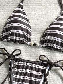 Lucky Girl Bộ bikini 3 món nữ mùa hè, quần short dây quai mảnh họa tiết kẻ sọc, thắt dây hai bên eo, đi biển nghỉ dưỡng - Trắng nâu - Xem 5