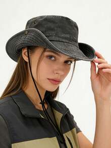 1pc Women's Spring/Summer Foldable Solid Color Bucket Hat With Windproof Rope, Fashionable Sun Hat, Wide Brim Beach Hat - MZ698S - View 2