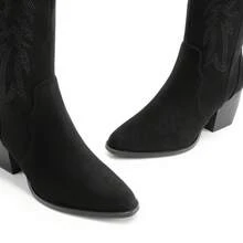Knee High Boots Women, Pull On Zipper Chunky Heel Pointed Toe Embroidered Western Cowgirl Cowboy Boots - 黑色絨面革 - 查看 4