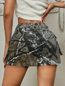 Minifalda de mezclilla con decoración de bolsillo con solapa, estilo de ropa de calle Y2K, verano sexy y casual - ramas de los árboles - Ver 2