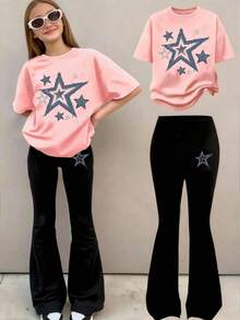 两件套少女休闲简约短袖上衣和裤子套装，适合夏季、度假、购物、日常穿着、聚会、上学、音乐节、通勤上班等场合。 - 彩色 - 查看 1