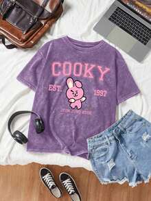 Summersummer ClothesWomen's Fun BT21 Cooky Cartoon Letter Print Street Style, Korean Style, Comfortable, Retro Fashion, Versatile Y2K Women's Clothing, Regular Niche Punk Style Black Fitted Round Neck Short Sleeve Washed T-Shirt, Washed Retro Series Comfortable Pure Cotton T-Shirt, Easily Create Retro Casual Wear, Suitable For Daily Commuting, Casual Ings, And Everyday Wear, Classic Retro Style Women's Clothing. Loose And Comfortablesummer Outfits For Womensummer Outfits For Women - Màu Hồng Tươi - Xem 7