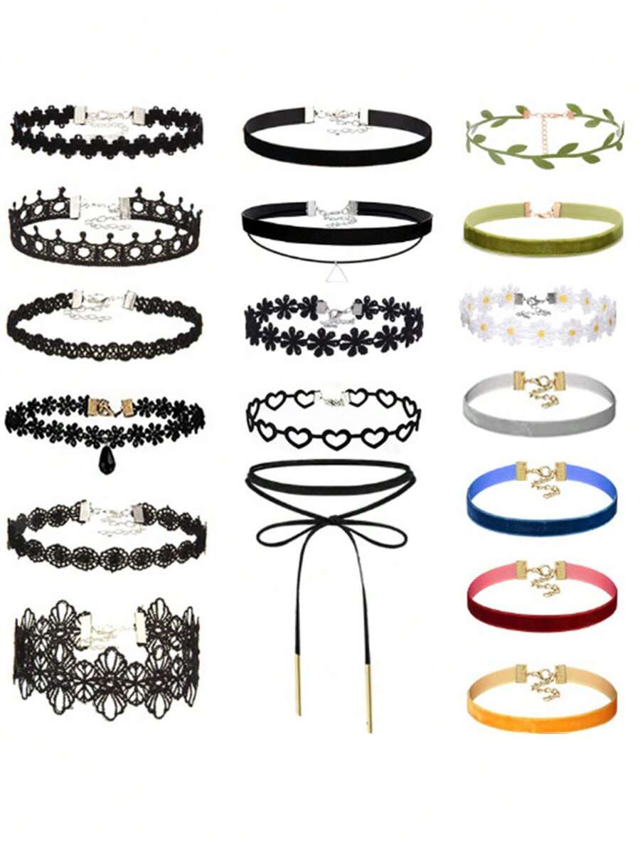Set de 18 piezas de collares vintage minimalistas de estilo gótico punk para mujer - 18 artículos - Ver 1