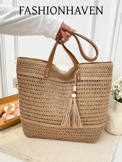 1pc Fashionable Shoulder Tote Woven Beach Bag, Suitable For Party, Banquet, Daily Commute, Can Hold Phone, Mirror, Keys, Lipstick, Wallet, Great For Christmas, Mother's Day, Birthday Gift