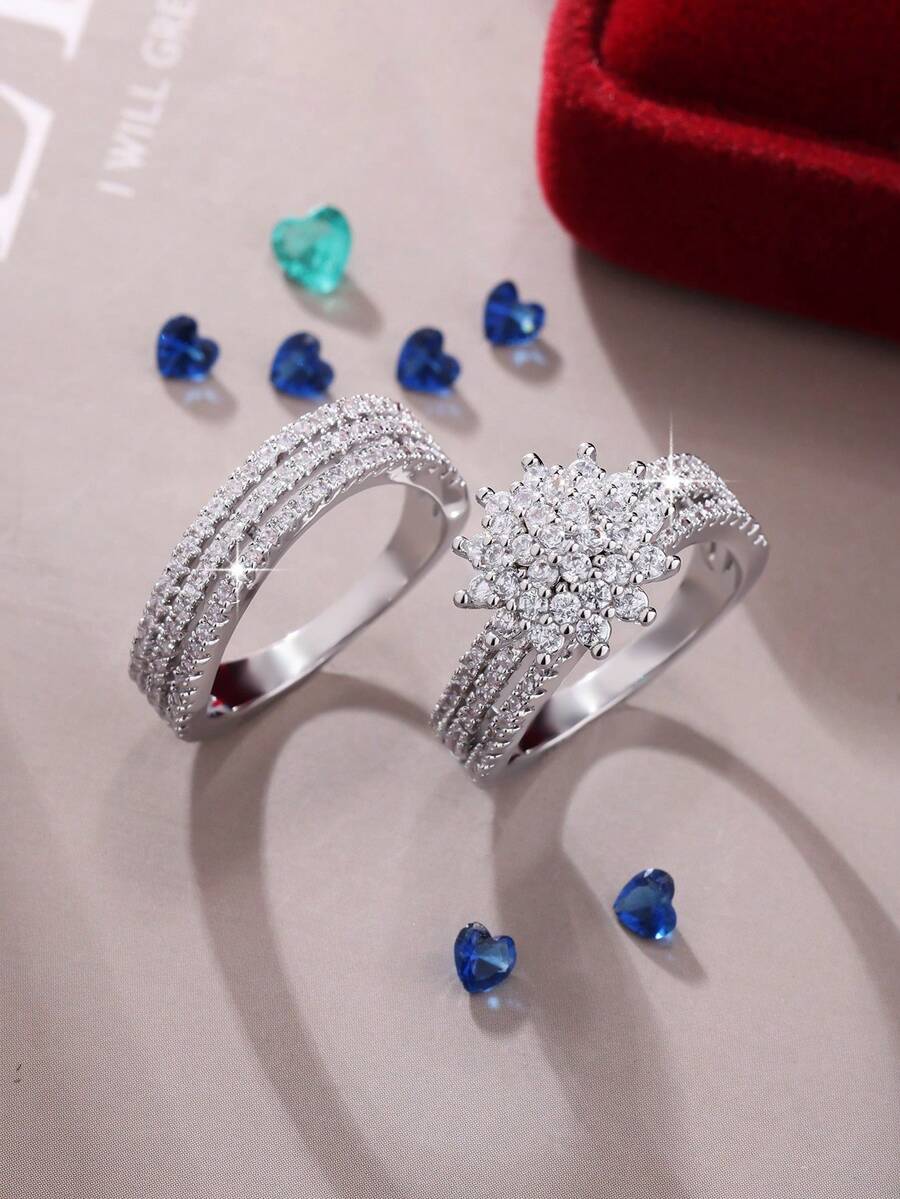 两件套奢华优雅向日葵立方氧化锆戒指套装，美式波西米亚风格珠宝，适合周年纪念、生日派对、晚宴等场合，是送给女朋友的完美优雅礼物。 - 銀色 - 查看 1