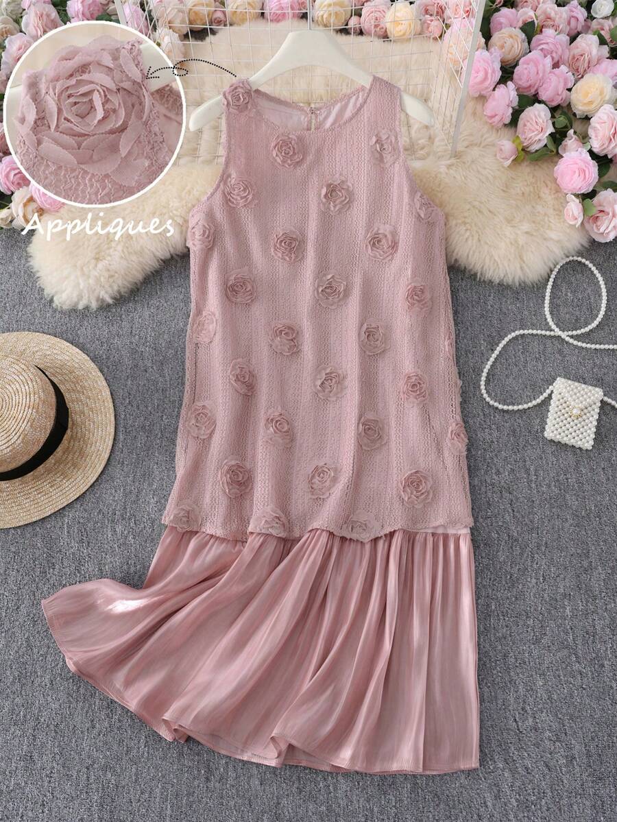 Vestido casual de verano/primavera para mujer con flores 3D lindas y rosadas, de 2 en 1 y longitud hasta la rodilla - Rosa - Ver 1